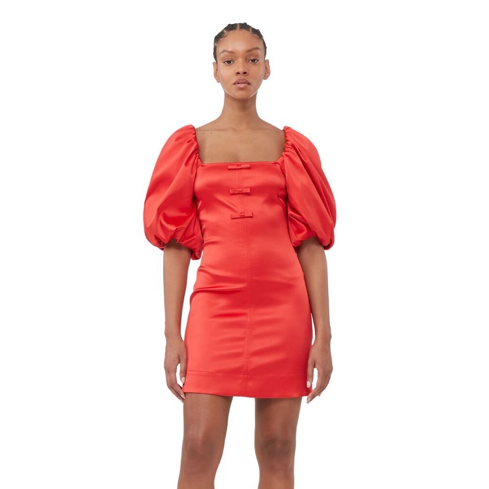 Ganni red bow mini dress with puff sleeves